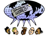 Mixed-race Group Saying Together `Tomorrow`s World`, with a Globe